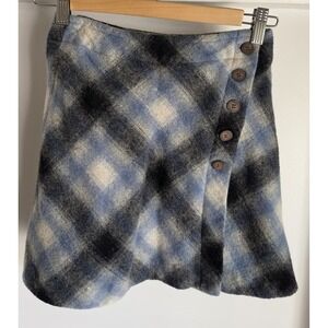 VTG African Beat Club Part-II Plaid Mini Skirt Sz 63 Blue Black Wool Retro Wrap